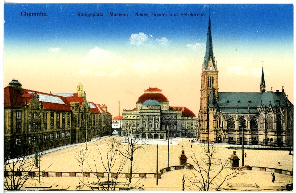 17914-Chemnitz-1914-Königsplatz, Museum, Neues Theater, Petrikirche-Brück & Sohn Kunstverlag