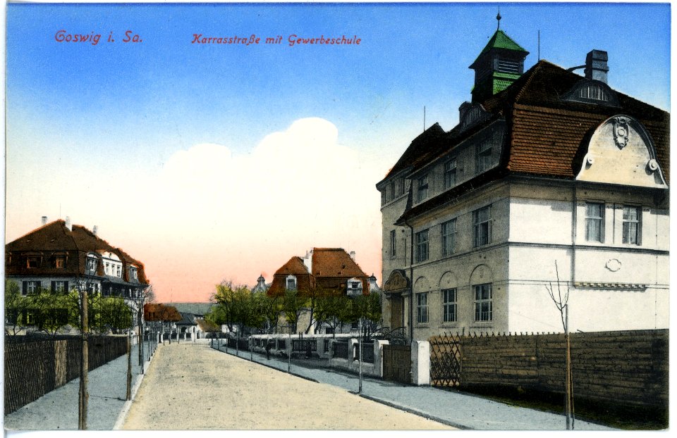 18843-Coswig-1915-Carrasstraße mit Gewerbeschule-Brück & Sohn Kunstverlag