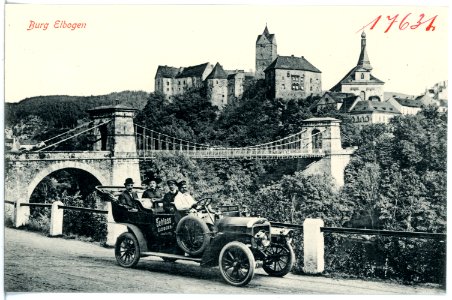 17631-Elbogen-1914-Burg mit Brücke und PKW-Brück & Sohn Kunstverlag