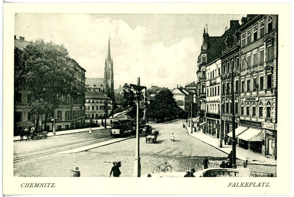18040-Chemnitz-1914-Falkeplatz mit Straßenbahn-Brück & Sohn Kunstverlag