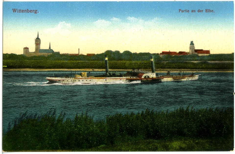 18519-Wittenberg-1914-Elbe mit Schlepper-Brück & Sohn Kunstverlag