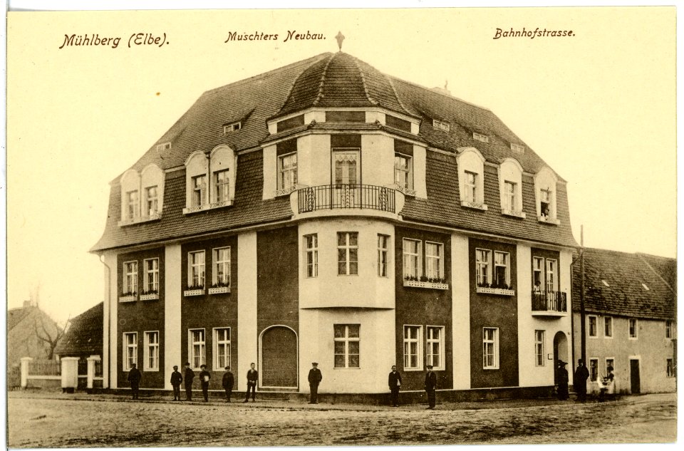 17624-Mühlberg-1914-Bahnhofstraße - Muschters Neubau-Brück & Sohn Kunstverlag