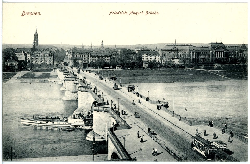 18948-Dresden-1915-Friedrich-August-Brücke mit Dampfer Bastei-Brück & Sohn Kunstverlag