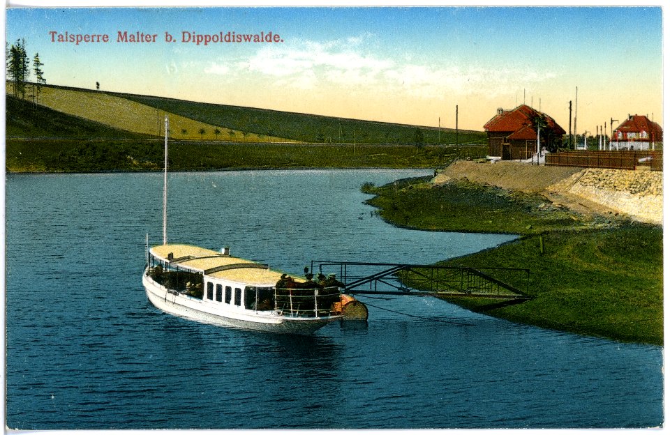 18193-Malter-1914-Talsperre mit Fährboot-Brück & Sohn Kunstverlag