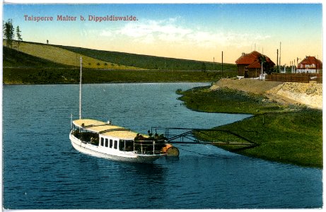 18193-Malter-1914-Talsperre mit Fährboot-Brück & Sohn Kunstverlag