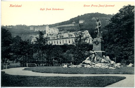 18098-Karlsbad-1914-Kaiser-Franz-Josef-Denkmal und Cafe Park Schönbrunn-Brück & Sohn Kunstverlag