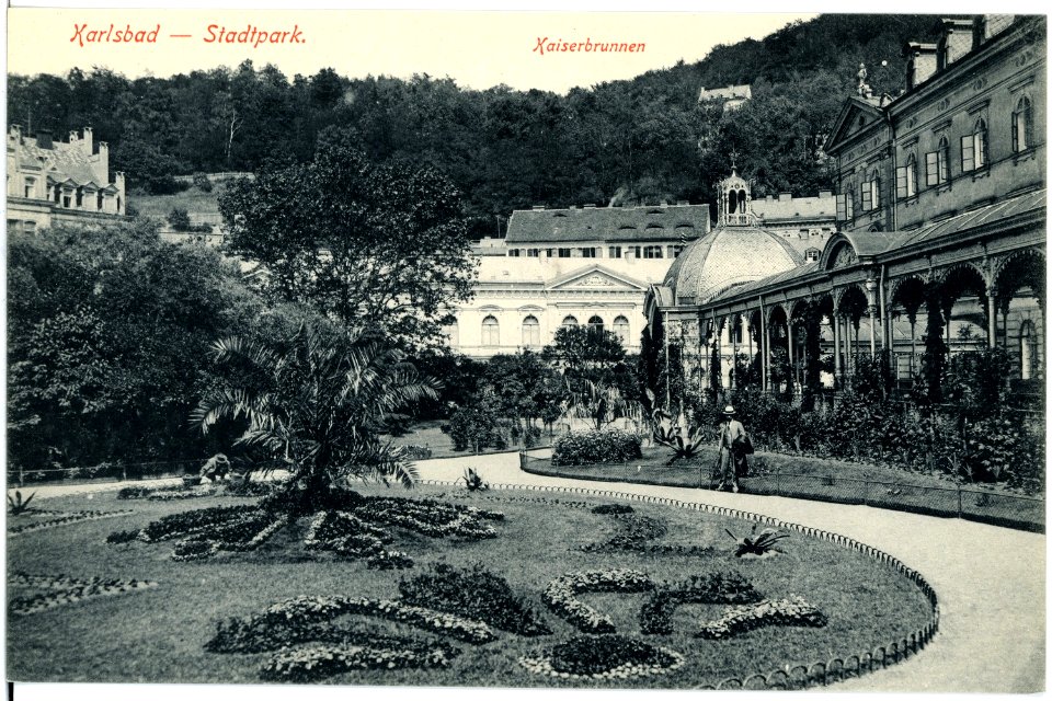 18078-Karlsbad-1914-Stadtpark und Kaiserbrunnen-Brück & Sohn Kunstverlag