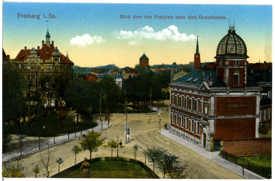 18139-Freiberg-1914-Blick über den Postplatz nach dem Donathsturm-Brück & Sohn Kunstverlag