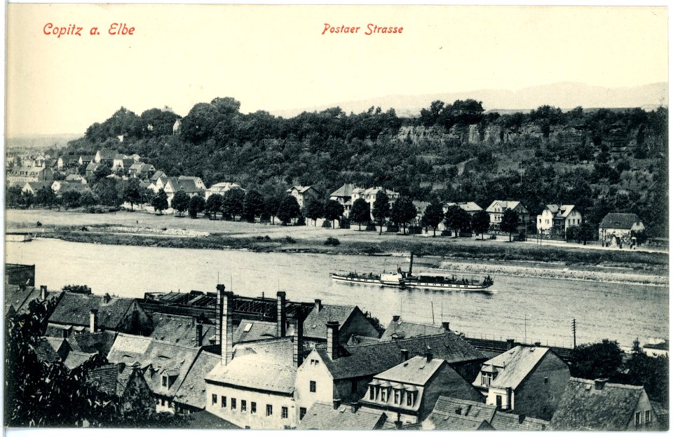18015-Copitz-1914-Blick auf Copitz, Postaer Straße, Elbe mit Dampfer-Brück & Sohn Kunstverlag
