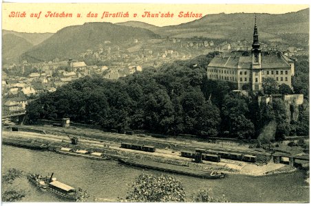 17911-Tetschen-1914-Blick auf Tetschen, Schlo, Elbe mit Dampfer-Brück & Sohn Kunstverlag