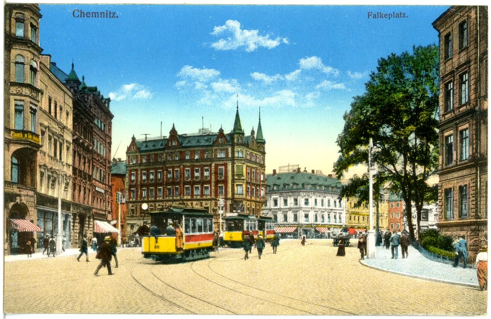 18152-Chemnitz-1914-Falkeplatz mit Straßenbahn-Brück & Sohn Kunstverlag