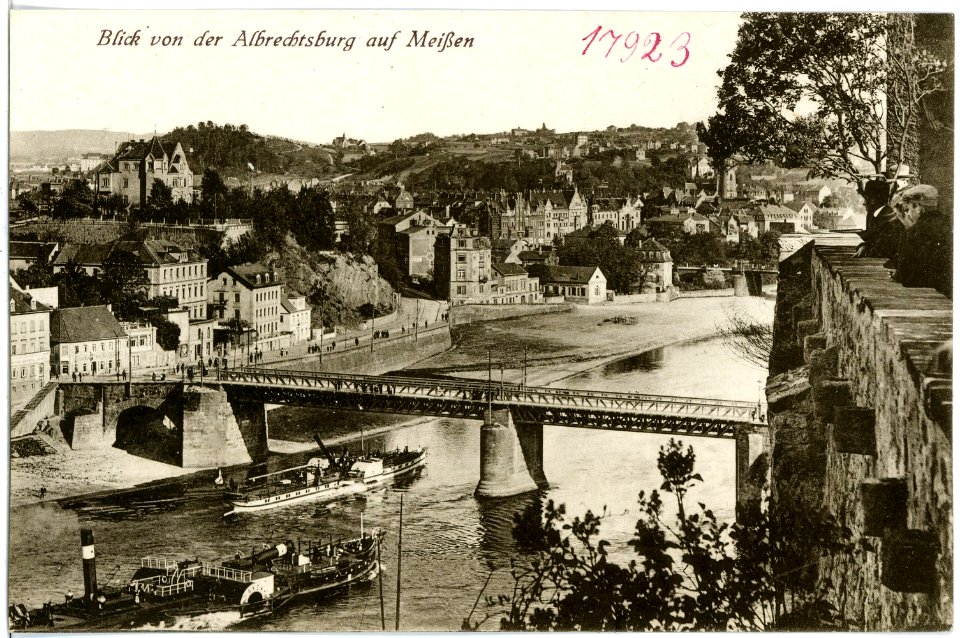 17923-Meißen-1914-Blick auf die Elbe mit Dampfer und Schlepper Aken, Brücke-Brück & Sohn Kunstverlag