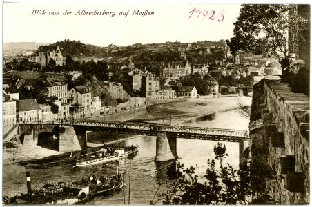 17923-Meißen-1914-Blick auf die Elbe mit Dampfer und Schlepper Aken, Brücke-Brück & Sohn Kunstverlag