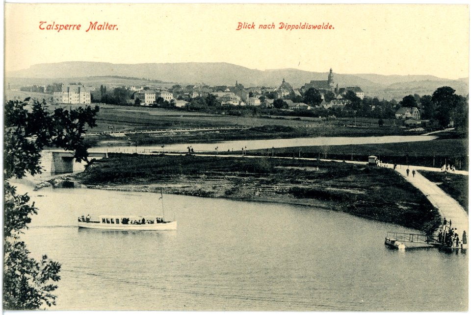 18018-Malter-1914-Talsperre mit Fähre und Blick nach Dippoldiswalde-Brück & Sohn Kunstverlag