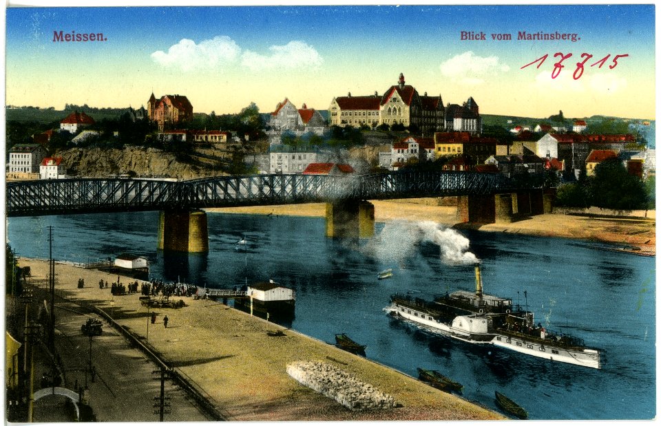 17715-Meißen-1914-Blick vom Martinsberg, Elbe mit Dampfer, Eisenbahnbrücke-Brück & Sohn Kunstverlag