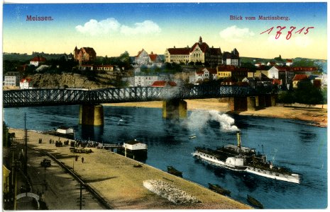 17715-Meißen-1914-Blick vom Martinsberg, Elbe mit Dampfer, Eisenbahnbrücke-Brück & Sohn Kunstverlag