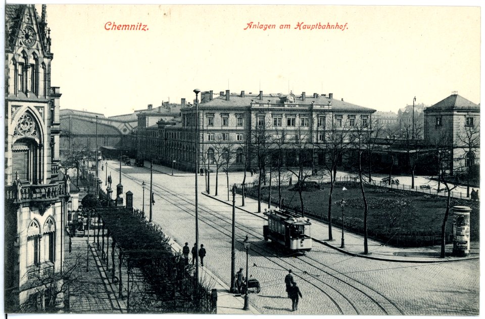 17759-Chemnitz-1914-Anlagen am Hauptbahnhof mit Straßenbahn-Brück & Sohn Kunstverlag