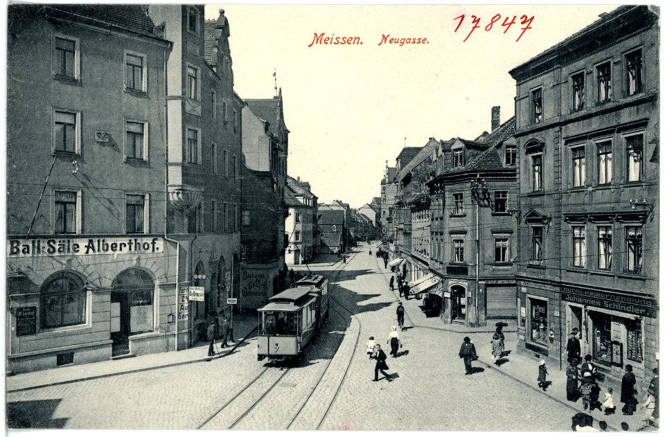 17847-Meißen-1914-Neugasse mit Straßenbahn, Ballsäle Alberthof-Brück & Sohn Kunstverlag
