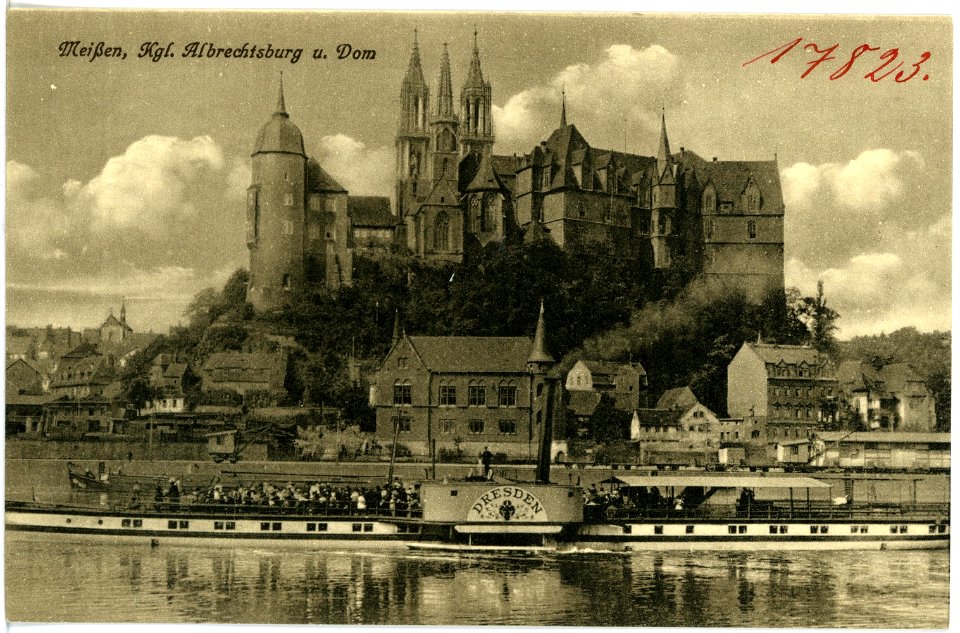 17823-Meißen-1914-Albrechtsburg und Dom - Elbe mit Dampfer Dresden-Brück & Sohn Kunstverlag