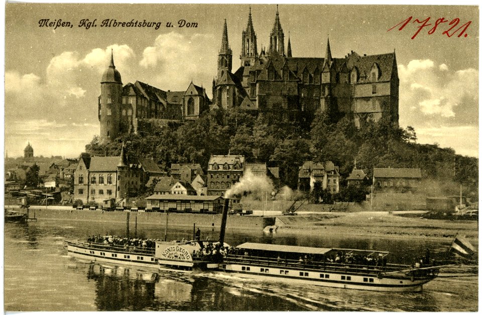 17821-Meißen-1914-Albrechtsburg und Dom - Elbe mit Dampfer König Georg-Brück & Sohn Kunstverlag