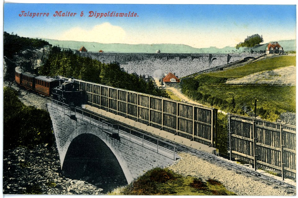 18180-Malter-1914-Talsperre-Staumauer mit Brücke und Zug-Brück & Sohn Kunstverlag