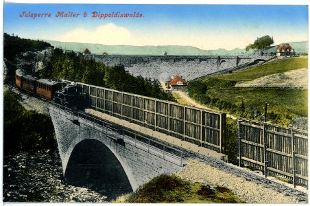 18180-Malter-1914-Talsperre-Staumauer mit Brücke und Zug-Brück & Sohn Kunstverlag