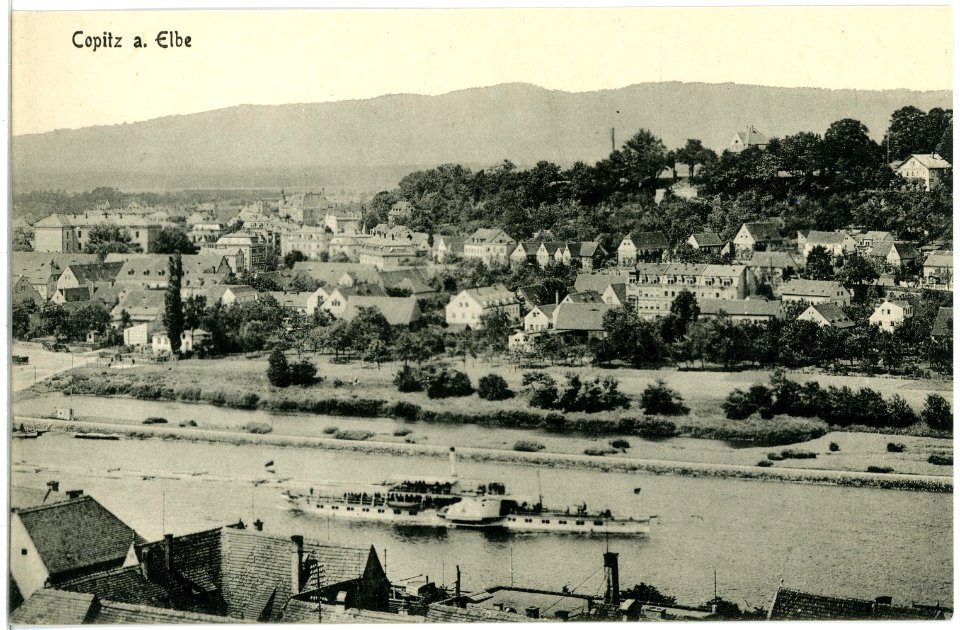 18013-Copitz-1914-Blick auf Copitz mit Elbe und Dampfer-Brück & Sohn Kunstverlag