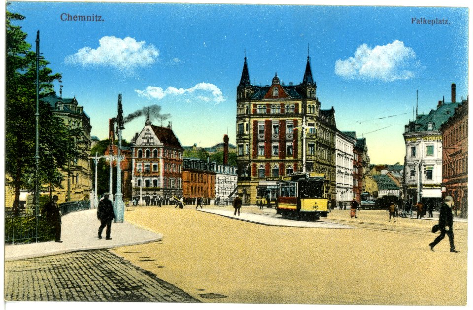 18151-Chemnitz-1914-Falkeplatz mit Straßenbahn-Brück & Sohn Kunstverlag