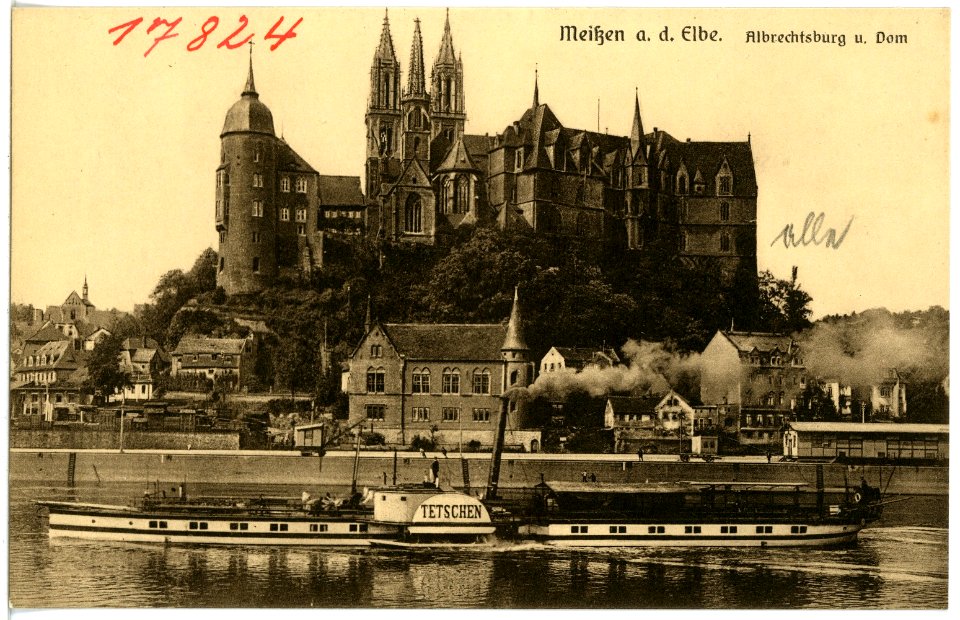 17824-Meißen-1914-Albrechtsburg und Dom - Elbe mit Dampfer Tetschen-Brück & Sohn Kunstverlag