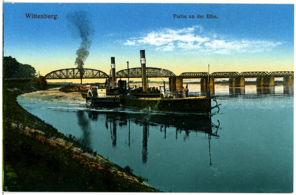 18136-Wittenberg-1914-Elbe mit Schleppzug und Brücke-Brück & Sohn Kunstverlag