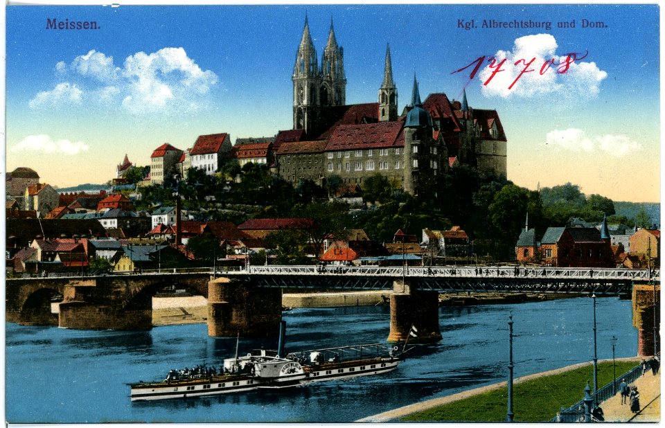 17708-Meißen-1914-Burgberg, Elbe, Brücke, Dampfer Kaiser Wilhelm-Brück & Sohn Kunstverlag