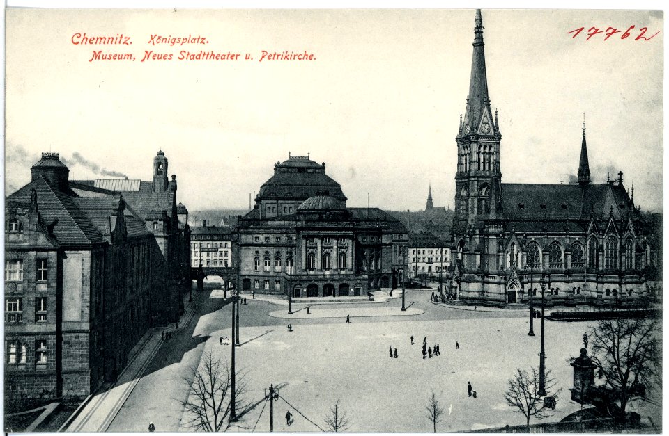 17762-Chemnitz-1914-Königsplatz, Museum, Neues Stadttheater, Petrikirche-Brück & Sohn Kunstverlag