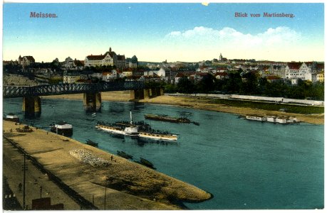 17714-Meißen-1914-Blick vom Martinsberg, Elbe mit Dampfer, Eisenbahnbrücke-Brück & Sohn Kunstverlag