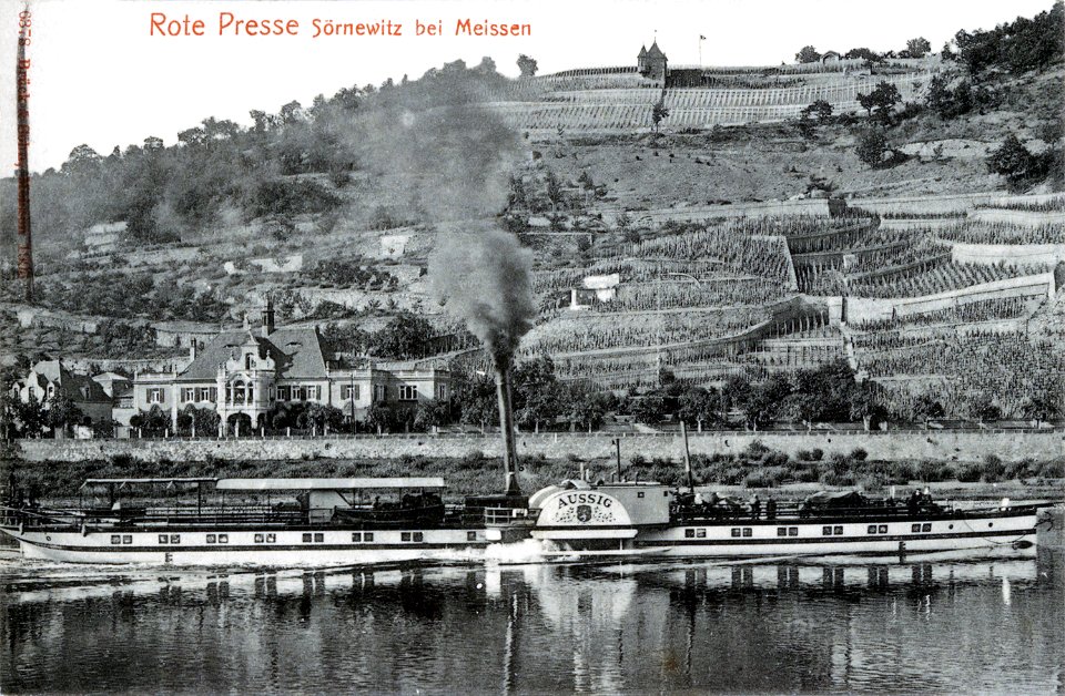 Sörnewitz-1905-Rote Presse, Elbe mit Dampfer Aussig-Brück & Sohn Kunstverlag retusche