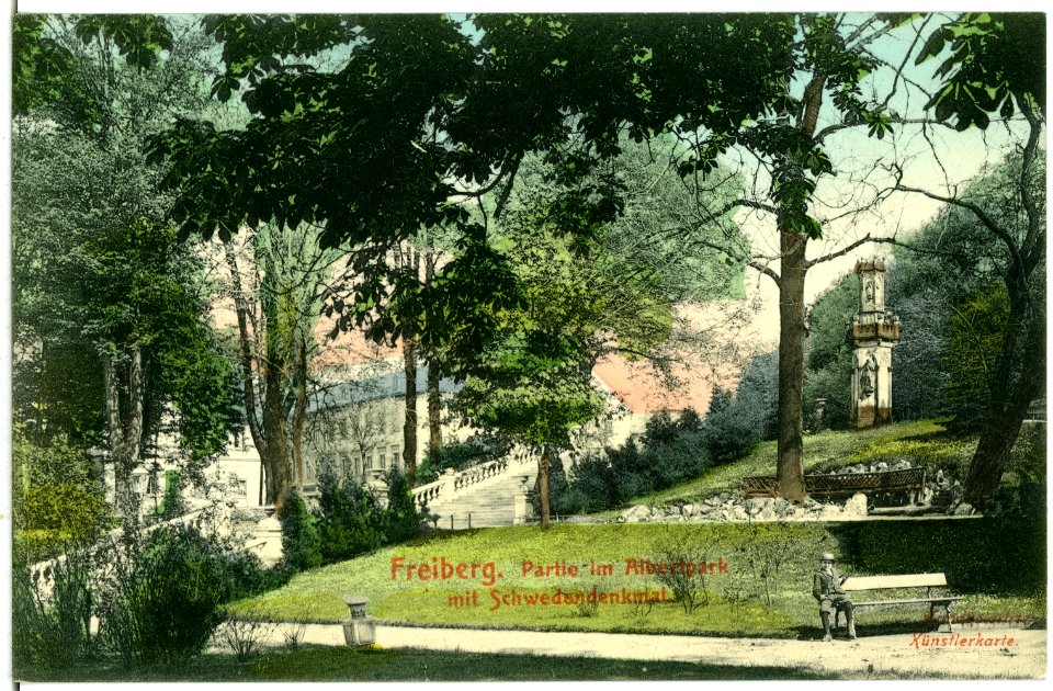 07353-Freiberg-1906-Im Albertpark mit Schwedendenkmal-Brück & Sohn Kunstverlag