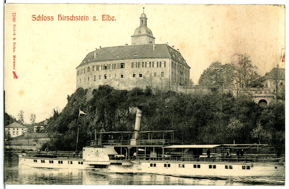 07189-Hirschstein-1906-Schloß mit Dampfer-Brück & Sohn Kunstverlag