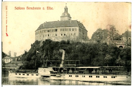 07189-Hirschstein-1906-Schloß mit Dampfer-Brück & Sohn Kunstverlag