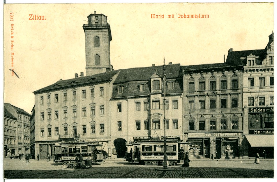 07303-Zittau-1906-Markt mit Johannisturm und Straßenbahnen-Brück & Sohn Kunstverlag