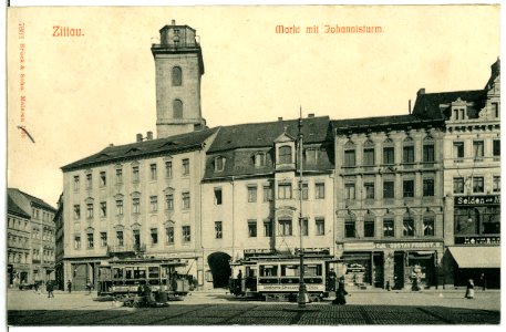 07303-Zittau-1906-Markt mit Johannisturm und Straßenbahnen-Brück & Sohn Kunstverlag