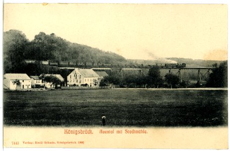 07443-Königsbrück-1906-Auental mit Stadtmühle, Brücke und Eisenbahnzug-Brück & Sohn Kunstverlag
