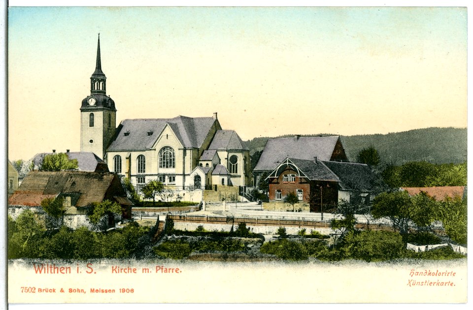 07502-Wilthen-1906-Kirche mit Pfarre-Brück & Sohn Kunstverlag