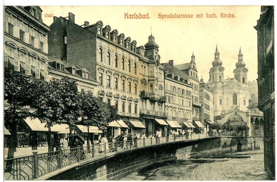 07542-Karlsbad-1906-Sprudelstraße mit katholischer Kirche-Brück & Sohn Kunstverlag