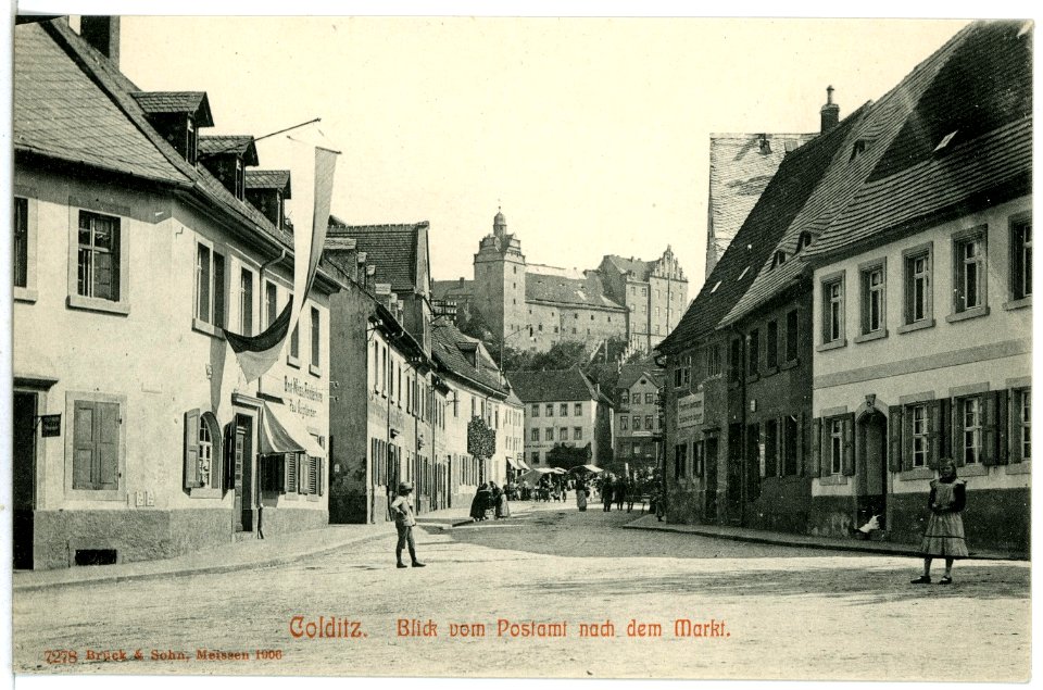 07278-Colditz-1906-Blick vom Postamt zum Markt-Brück & Sohn Kunstverlag