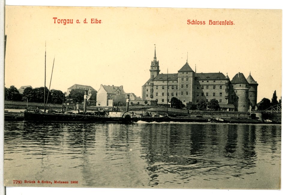 07780-Torgau-1906-Schloß Hartenfels mit Elbe und Schleppzug-Brück & Sohn Kunstverlag