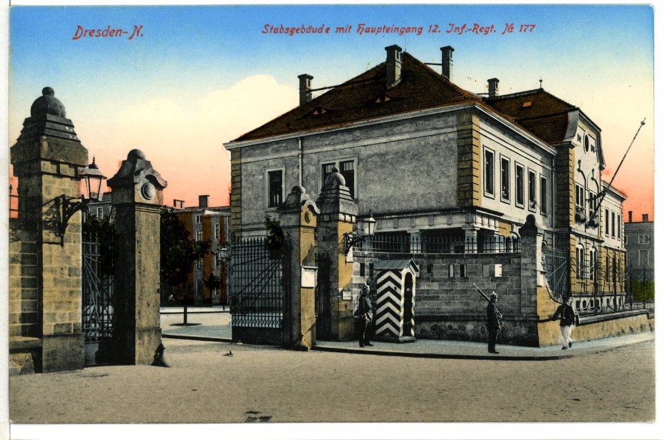 07888-Dresden-1906-Stabsgebäude mit Haupteingang, 12. Infanterie-Regiment Nr. 177-Brück & Sohn Kunstverlag