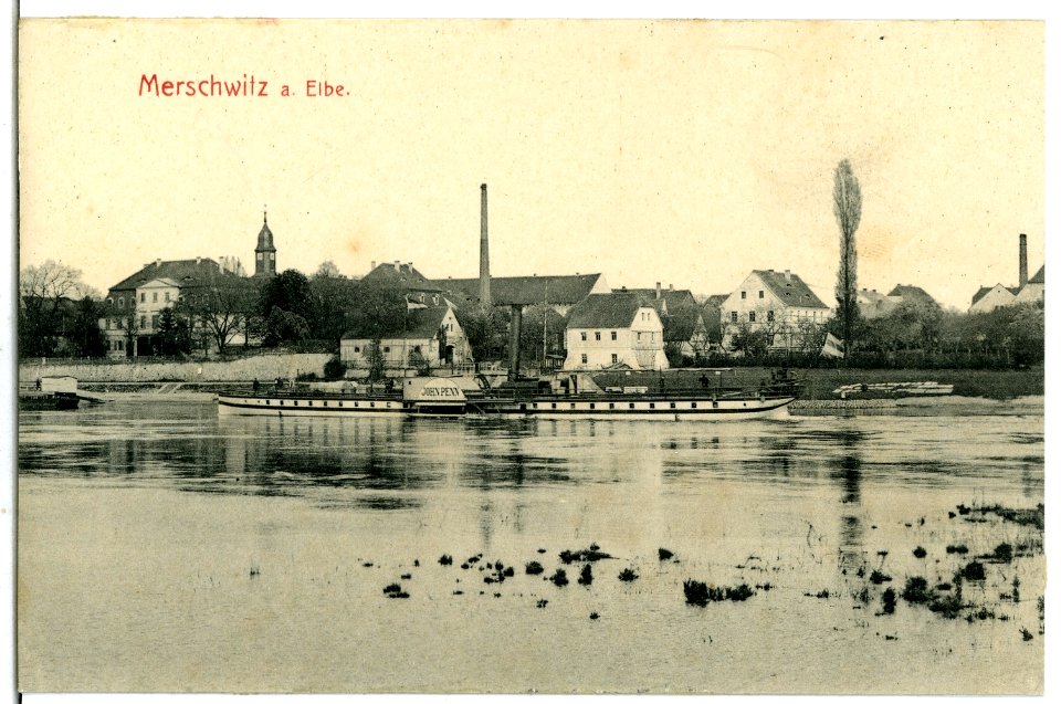 07195-Merschwitz-1906-Ortsansicht mit Elbe und Dampfer John Penn-Brück & Sohn Kunstverlag