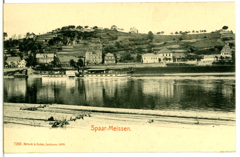 07260-Meißen-1906-Elbblick nach Spaar mit Dampfer Königstein-Brück & Sohn Kunstverlag
