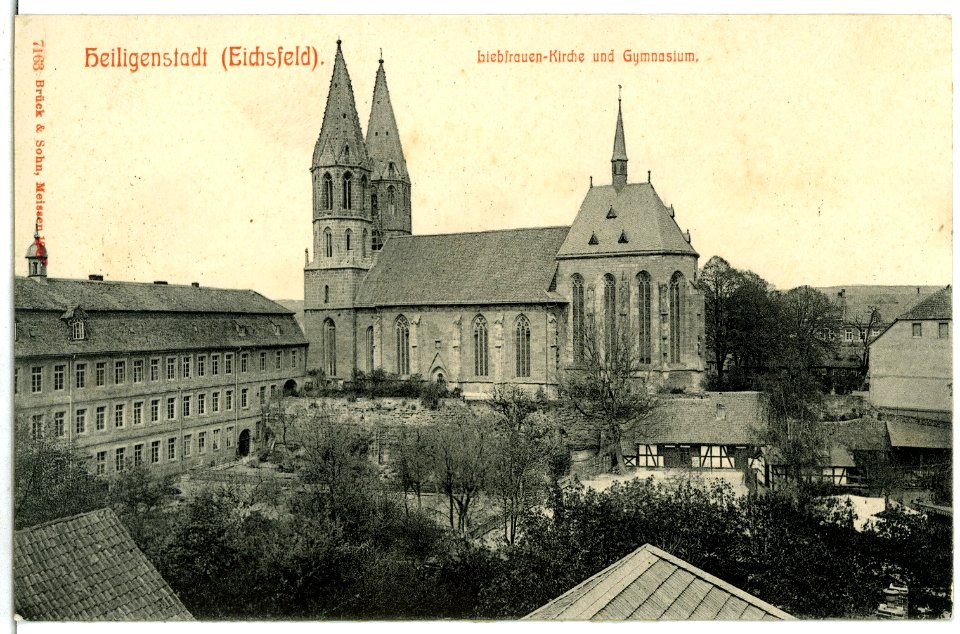07163-Heiligenstadt-1906-Liebfrauenkirche und Gymnasium-Brück & Sohn Kunstverlag