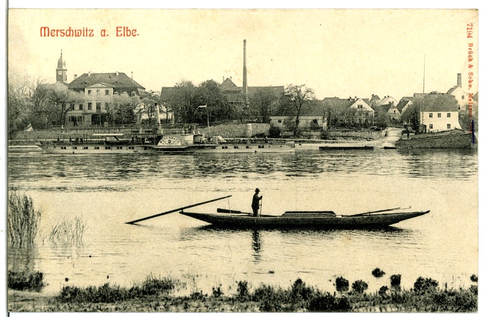 07194-Merschwitz-1906-Elbe mit Dampfer Bodenbach und Ortsansicht-Brück & Sohn Kunstverlag