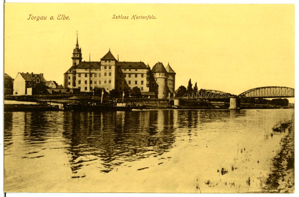 07770-Torgau-1906-Schloß Hartenfels mit Elbe und Schleppzug-Brück & Sohn Kunstverlag